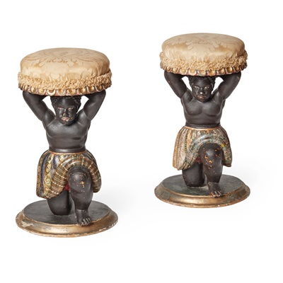 Lot 447 - PAIR OF ITALIAN CARVED AND POLYCHROMED BLACKAMOOR STOOLS