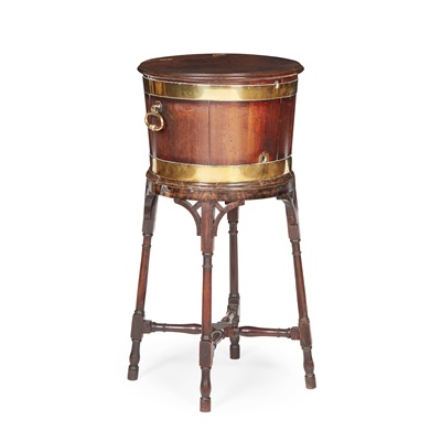 Lot 102 - GEORGE III MAHOGANY AND BRASS BANDED WINE COOLER-ON-STAND