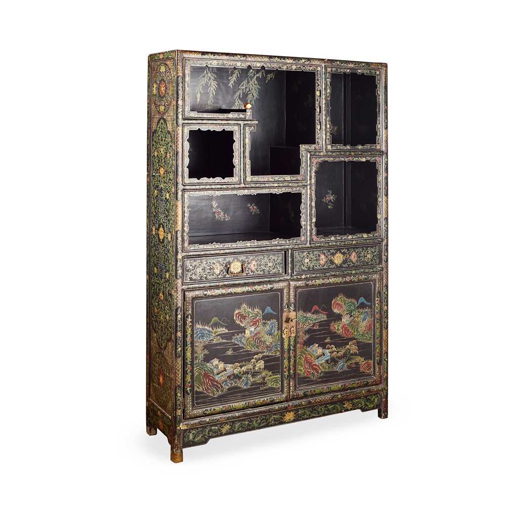 Lot 17 - BLACK LACQUER GILT-AND-POLYCHROME-DECORATED DISPLAY CABINET
