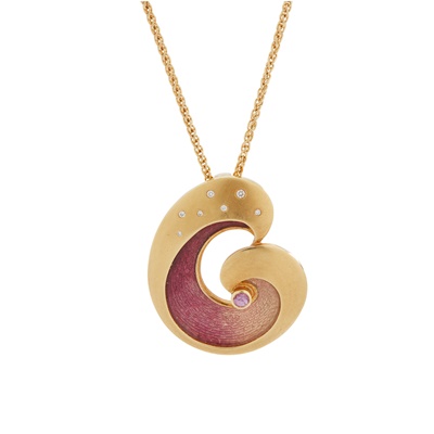Lot 108 - An enamel, diamond and pink sapphire 'Wave' pendant, by Sheila Fleet