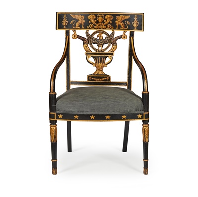 Lot 214 - REGENCY EBONISED AND PARCEL GILT DECORATED ARMCHAIR