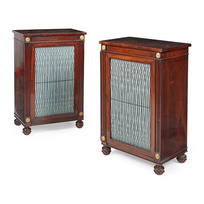 Lot 203 - PAIR OF REGENCY ROSEWOOD, PARCEL-GILT AND BRASS SIDE CABINETS