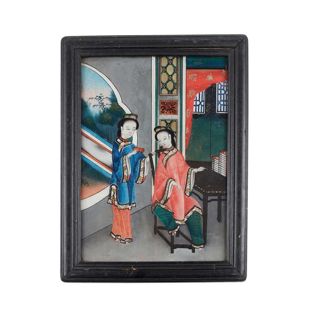 Lot 87 - REVERSE GLASS PAINTING OF LADIES
