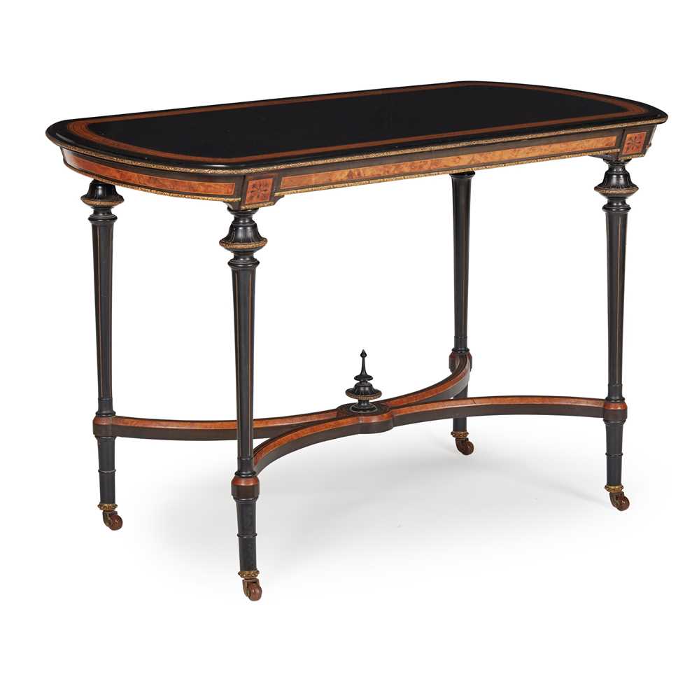 Lot 319 - VICTORIAN EBONISED, AMBOYNA, AND BRASS MOUNTED CENTRE TABLE