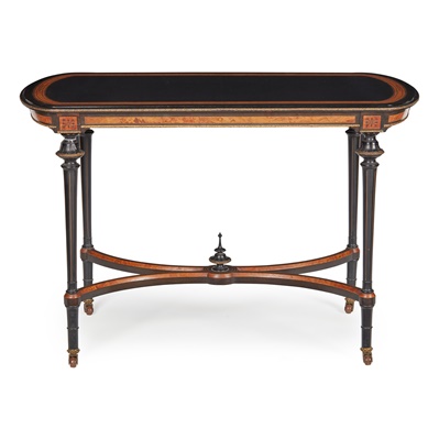 Lot 319 - VICTORIAN EBONISED, AMBOYNA, AND BRASS MOUNTED CENTRE TABLE