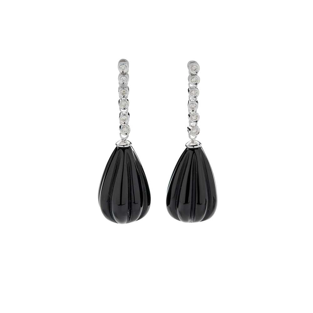 Lot 61 - A pair of onyx and diamond pendent earrings