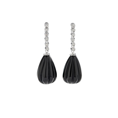 Lot 61 - A pair of onyx and diamond pendent earrings