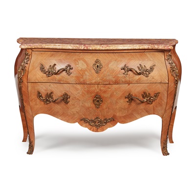 Lot 519 - LOUIS XV STYLE KINGWOOD AND MARQUETRY MARBLE TOPPED COMMODE