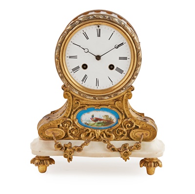 Lot 546 - FRENCH GILT METAL, MARBLE, AND PORCELAIN MOUNTED MANTEL CLOCK