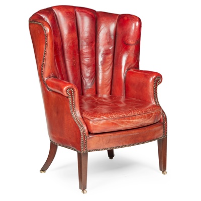Lot 100 - GEORGIAN STYLE CHANNEL-BACK RED LEATHER WING ARMCHAIR