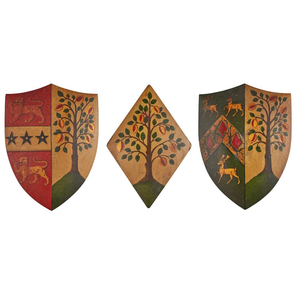 Lot 4 - THREE POLYCHROMED AND PARCEL-GILT OAK ARMORIALS, BY W. & A. MUSSETT, LONDON