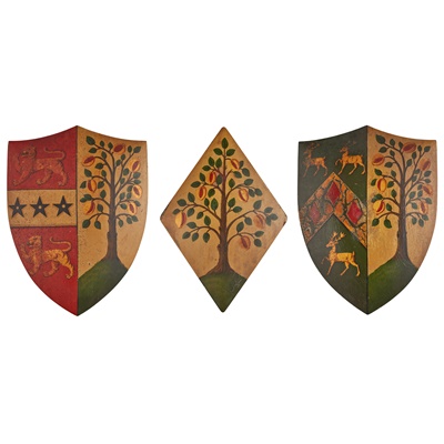 Lot 4 - THREE POLYCHROMED AND PARCEL-GILT OAK ARMORIALS, BY W. & A. MUSSETT, LONDON
