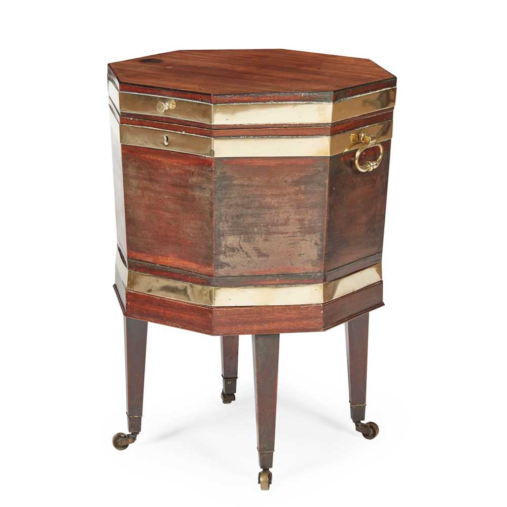 Lot 92 - GEORGE III MAHOGANY BRASS BANDED OCTAGONAL WINE COOLER ON STAND
