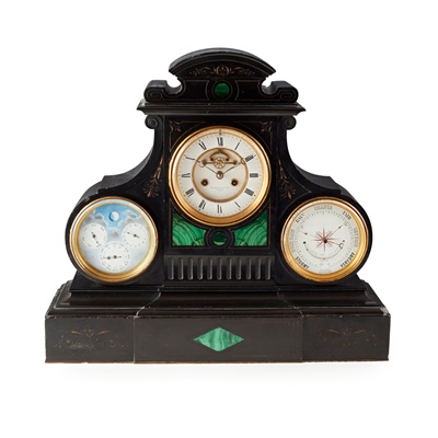 Lot 19 - A LARGE SLATE AND MALACHITE PERPETUAL CALENDAR MANTEL CLOCK WITH BAROMETER, ALEXANDER & SON, GLASGOW