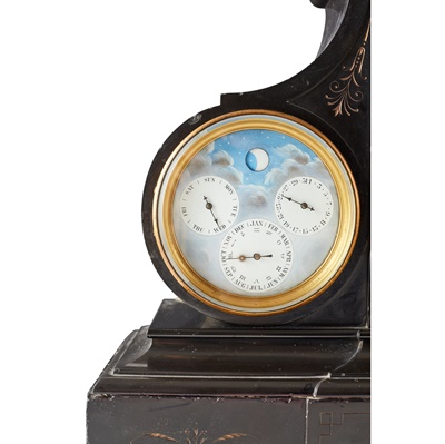 Lot 19 - A LARGE SLATE AND MALACHITE PERPETUAL CALENDAR MANTEL CLOCK WITH BAROMETER, ALEXANDER & SON, GLASGOW