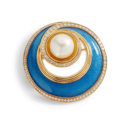 Lot 217 - A South Sea pearl, diamond and enamel brooch, by Leo de Vroomen
