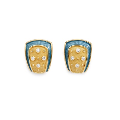Lot 215 - A pair of enamel and diamond earrings, by Leo de Vroomen