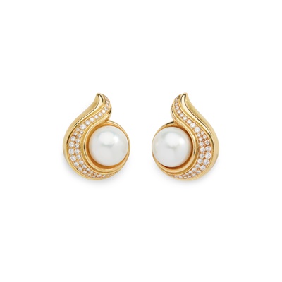 Lot 246 - A pair of pearl and diamond earrings, by Leo de Vroomen