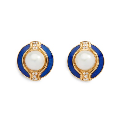 Lot 236 - A pair of pearl, enamel and diamond earrings, by Leo de Vroomen