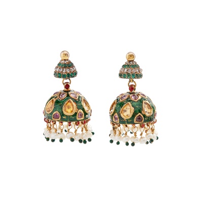 Lot 228 - A pair of Indian enamel and multi-gem set earrings