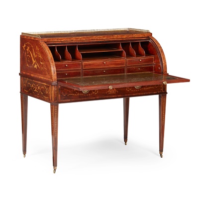 Lot 154 - LATE GEORGE III MAHOGANY, GONCALO ALVES, MARQUETRY AND PENWORK CYLINDER BUREAU