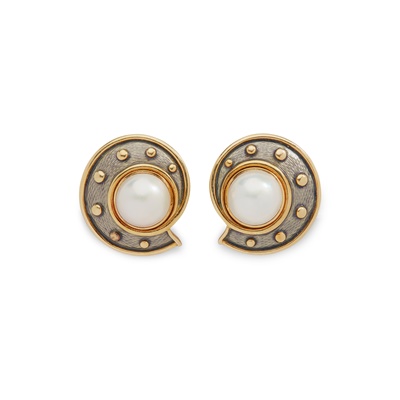 Lot 218 - A pair of mabé pearl and enamel earrings, by Leo de Vroomen