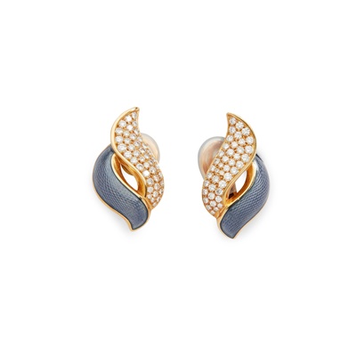 Lot 247 - A pair of enamel and diamond earrings, by Leo de Vroomen