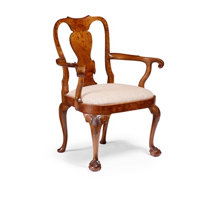 Lot 32 - GEORGE II STYLE WALNUT AND BURR WALNUT 'MASTER'S' ARMCHAIR, IN THE MANNER OF GILES GRENDEY