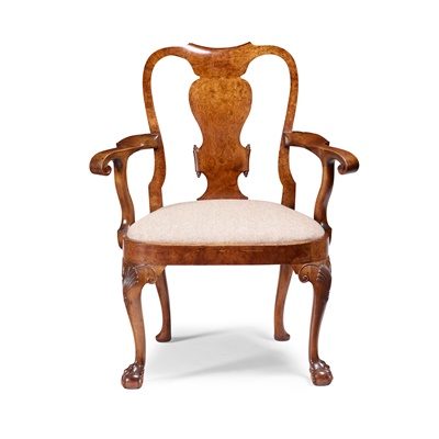Lot 32 - GEORGE II STYLE WALNUT AND BURR WALNUT 'MASTER'S' ARMCHAIR, IN THE MANNER OF GILES GRENDEY