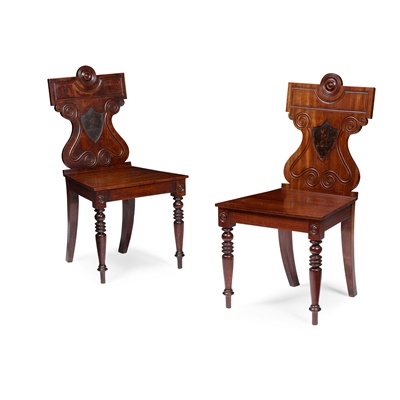 Lot 104 - PAIR OF GEORGE III MAHOGANY CRESTED HALL CHAIRS