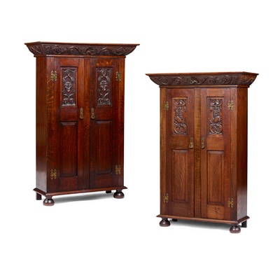 Lot 5 - PAIR OF SMALL CARVED OAK PANEL CUPBOARDS