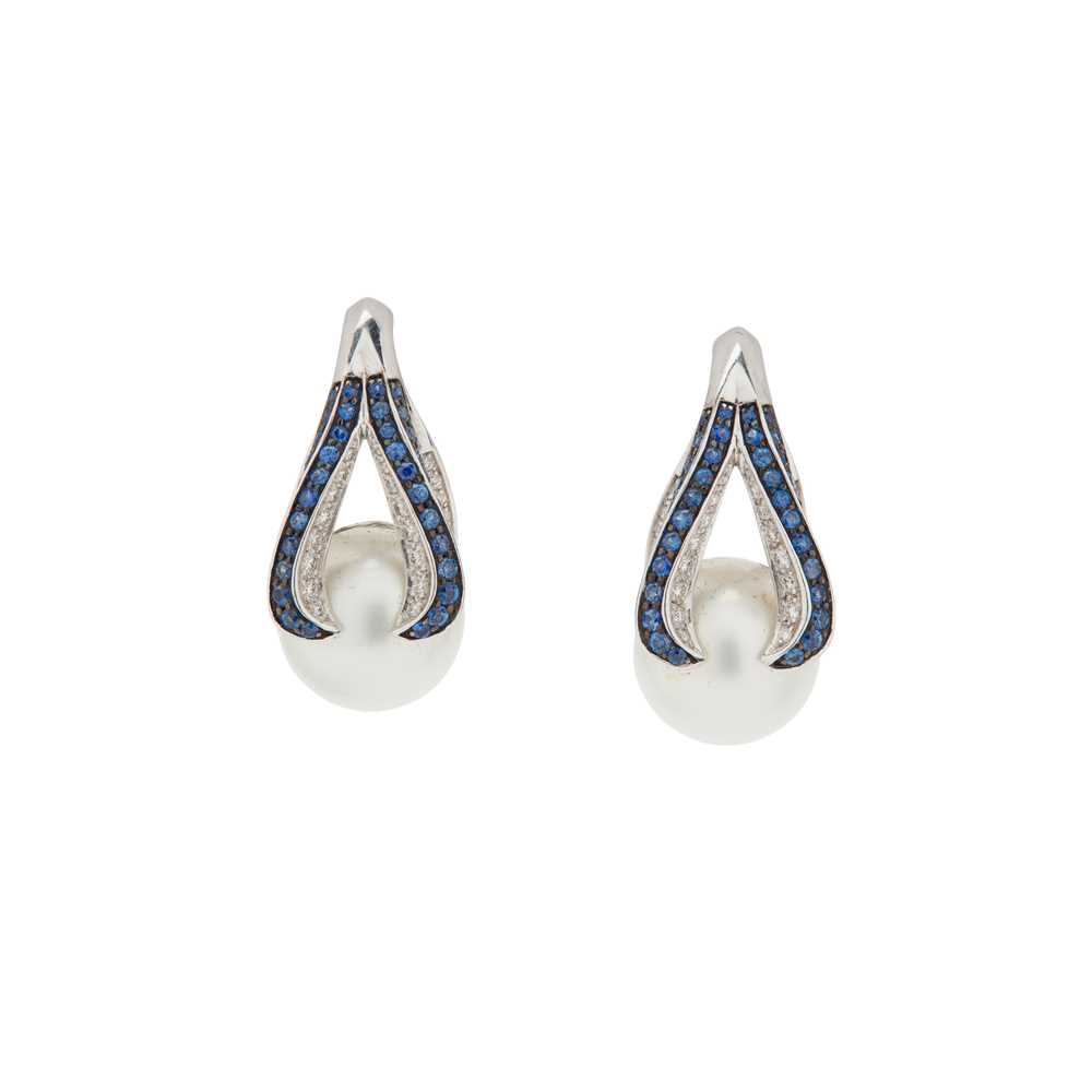 Lot 14 - A pair of South Sea pearl, sapphire and diamond earrings