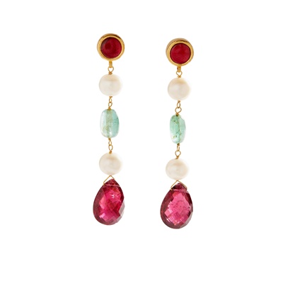 Lot 75 - A pair of emerald, tourmaline and cultured pearl earrings