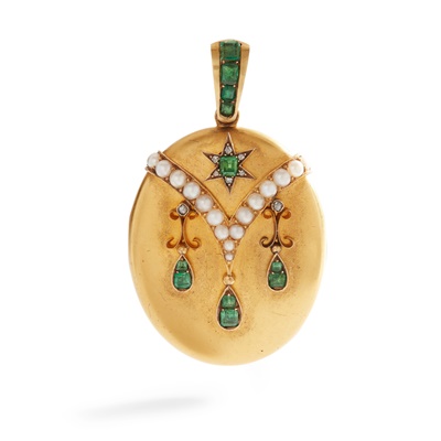 Lot 3 - A Victorian emerald, diamond and pearl locket