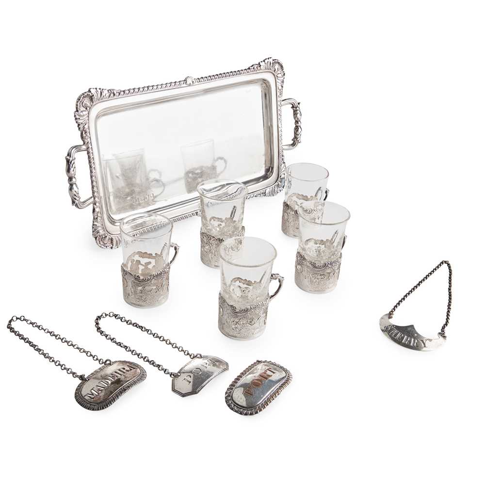 Lot 65 - A matched Edwardian set of liqueur glasses and twin-handled tray