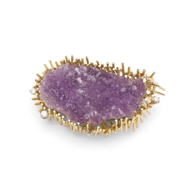 Lot 69 - Gilian Packard: A 1970s amethyst crystal and diamond brooch