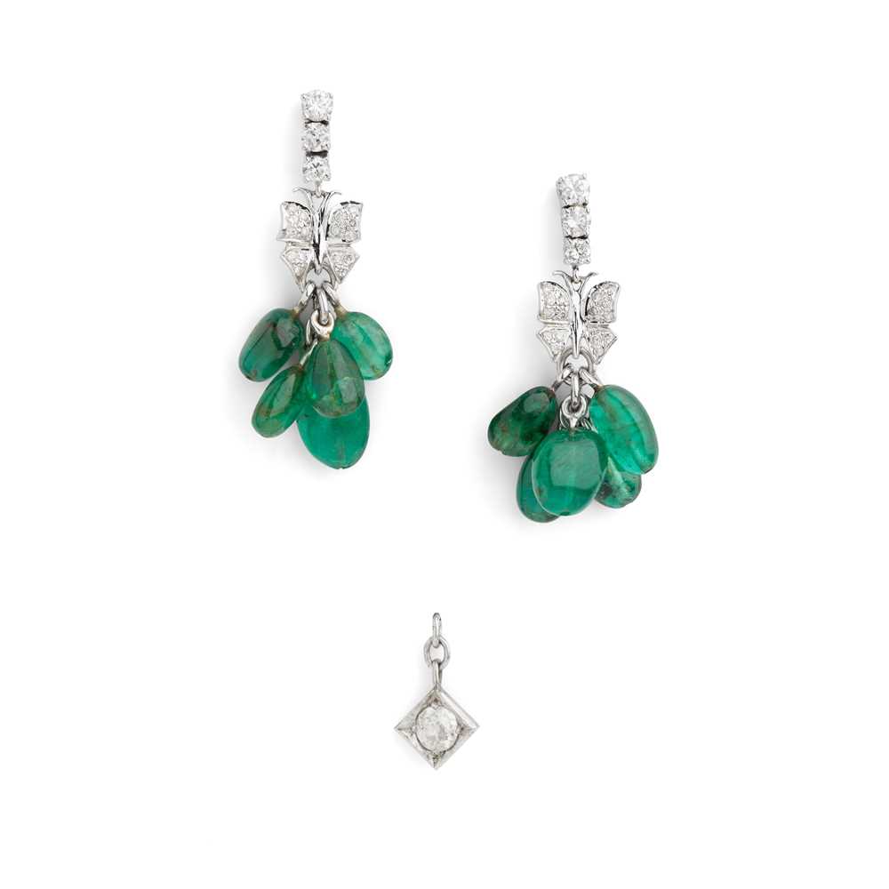 Lot 87 - A pair of emerald and diamond pendent earrings