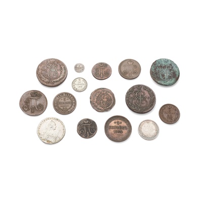 Lot 126 - A collection of various silver and bronze Russian coins