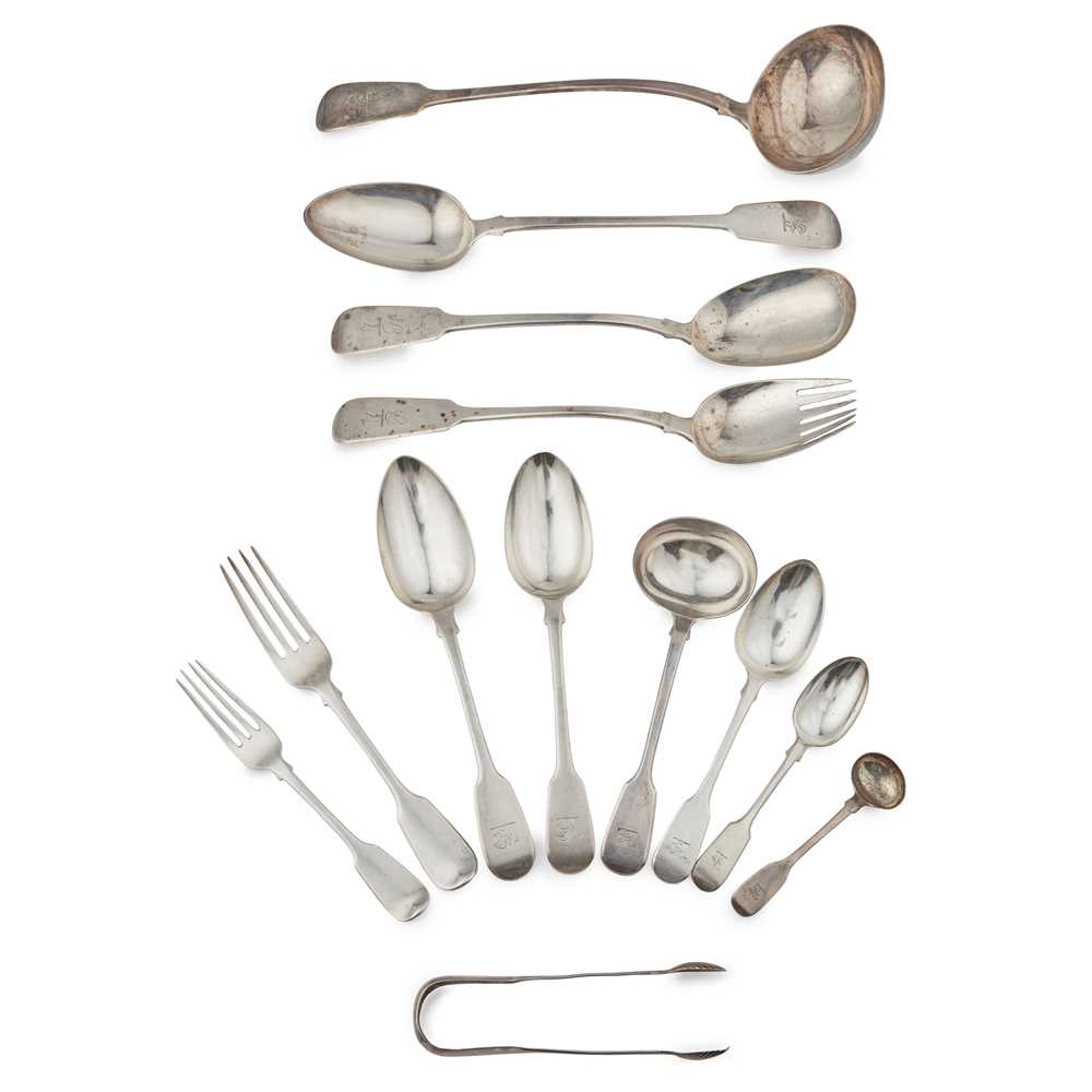 Lot 79 - A matched suite of William IV Fiddle pattern flatware