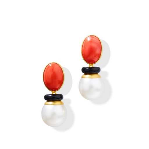 Lot 19 - A pair of coral, onyx and cultured pearl earrings