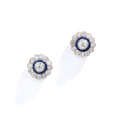 Lot 112 - A pair of diamond and sapphire cluster earrings