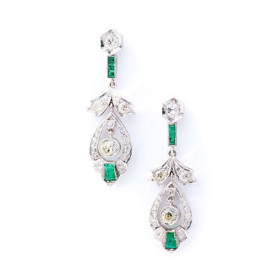 Lot 140 - A pair of emerald and diamond earrings