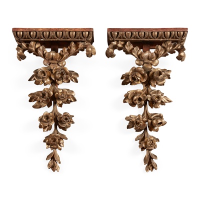 Lot 71 - PAIR OF CARVED PAINTED AND GILTWOOD BRACKETS