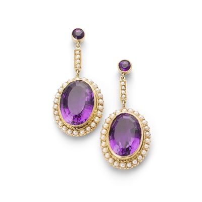 Lot 166 - A pair of amethyst and seed pearl pendent earrings