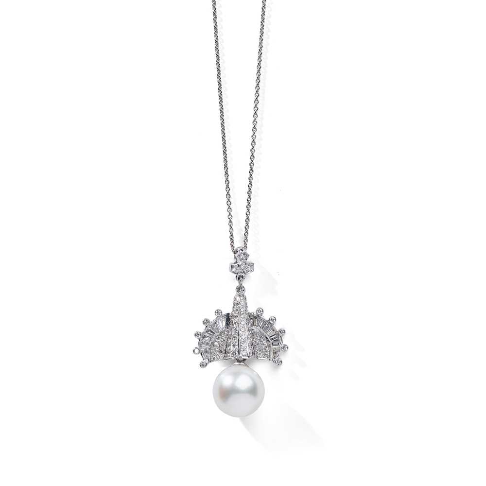 Lot 65 - A cultured pearl and diamond pendant