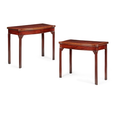 Lot 72 - PAIR OF GEORGE III MAHOGANY AND BOXWOOD STRUNG SERPENTINE CARD TABLES