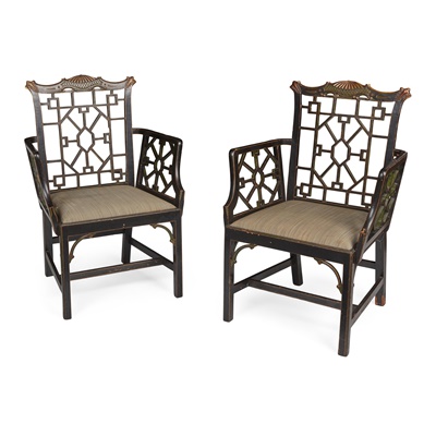 Lot 206 - PAIR OF CHINESE CHIPPENDALE STYLE EBONISED AND PARCEL-GILT ARMCHAIRS