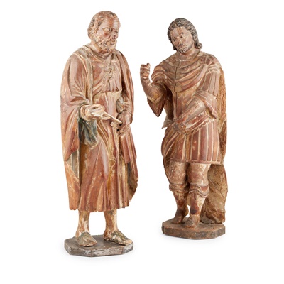 Lot 202 - CARVED DEAL AND POLYCHROME PAINTED FIGURES OF SAINT PETER AND ST. LONGINUS, PROBABLY ITALIAN