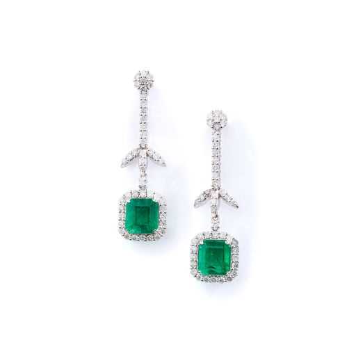 Lot 16 - A pair of emerald and diamond pendent earrings