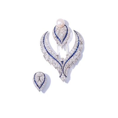 Lot 136 - A mid 20th century sapphire and diamond double jabot pin